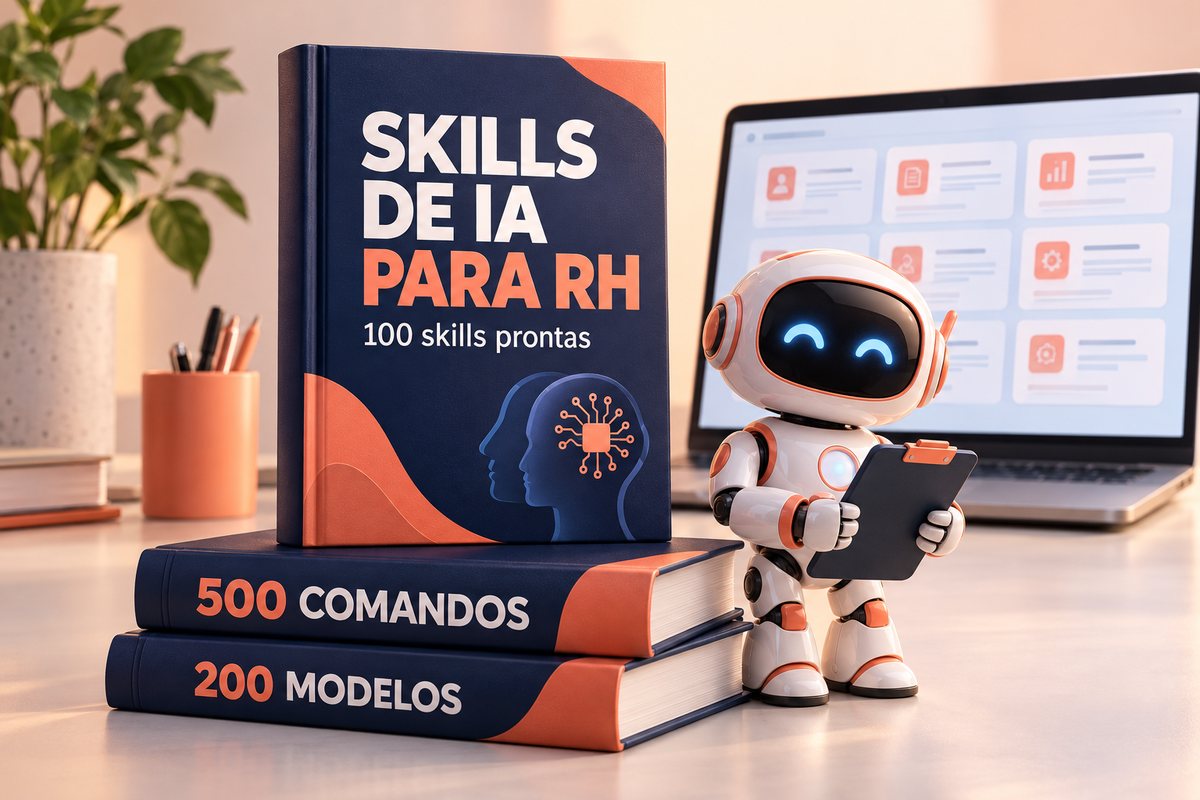 Livros Skills de IA para RH com 100 skills, 500 comandos e 200 modelos, ao lado de um robô de IA